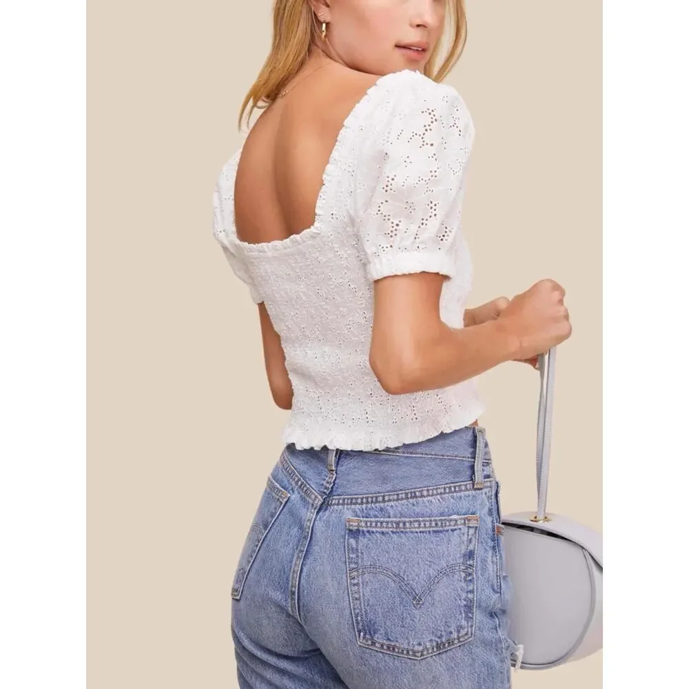 ASTR The Label Women’s Hudson Top White Eyelet Pique Smocked Bodice Size M NWOT - Picture 2 of 12